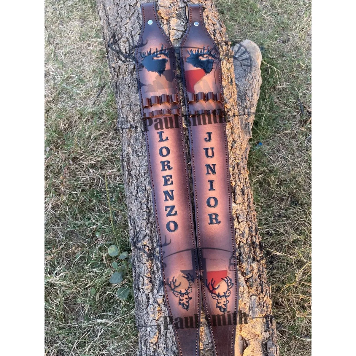 rifle-sling-003 Leather Rifle Sling with Deer Hunting Design – Custom Name Engraved Western Gun Strap with Shell Loops - Image 1